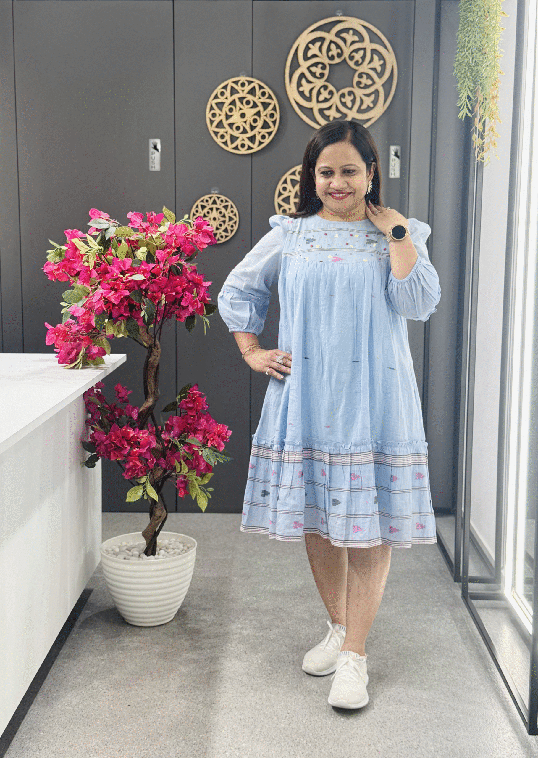 Elegant Sky Blue Pure Mal Cotton One-Piece Dress